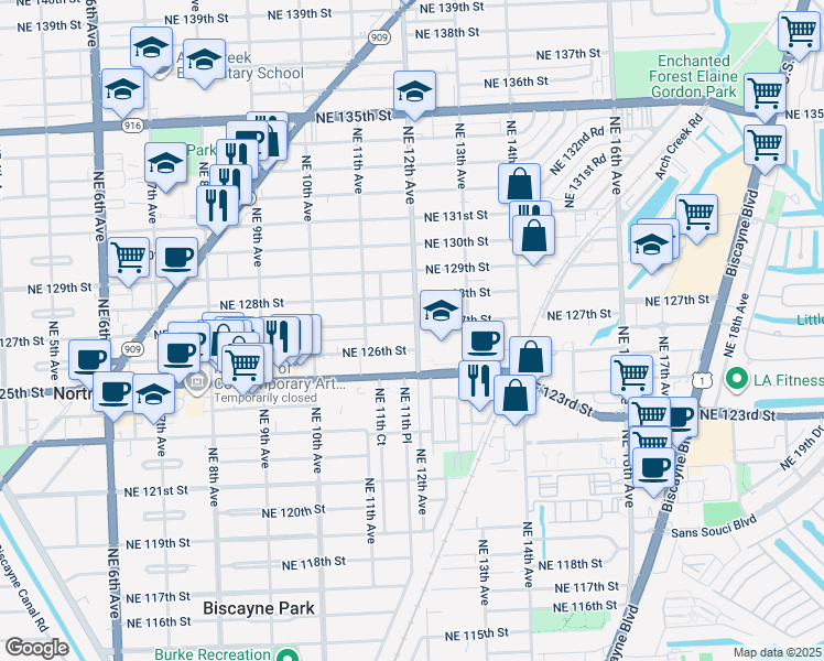 map of restaurants, bars, coffee shops, grocery stores, and more near 1185 Northeast 127th Street in North Miami