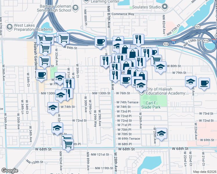 map of restaurants, bars, coffee shops, grocery stores, and more near 7751 West 28th Avenue in Hialeah
