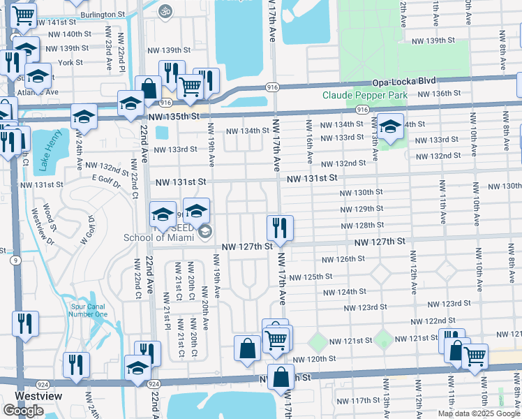 map of restaurants, bars, coffee shops, grocery stores, and more near 1751 Northwest 129th Street in Miami