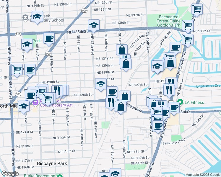map of restaurants, bars, coffee shops, grocery stores, and more near 1310 Northeast 127th Street in North Miami