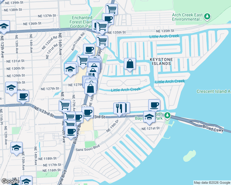 map of restaurants, bars, coffee shops, grocery stores, and more near 1950 South Hibiscus Drive in North Miami
