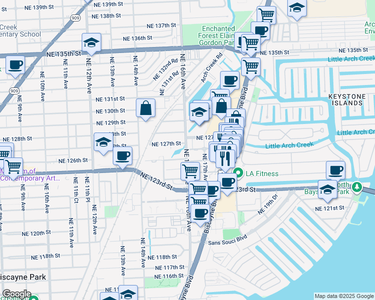 map of restaurants, bars, coffee shops, grocery stores, and more near 22 Northeast 127th Street in North Miami