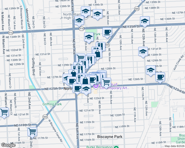 map of restaurants, bars, coffee shops, grocery stores, and more near 712 Northeast 128th Street in North Miami