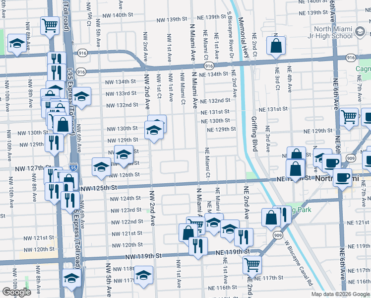 map of restaurants, bars, coffee shops, grocery stores, and more near 12835 Northwest 1st Avenue in Miami