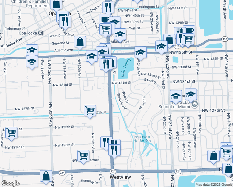 map of restaurants, bars, coffee shops, grocery stores, and more near 13020 Westview Drive in Miami