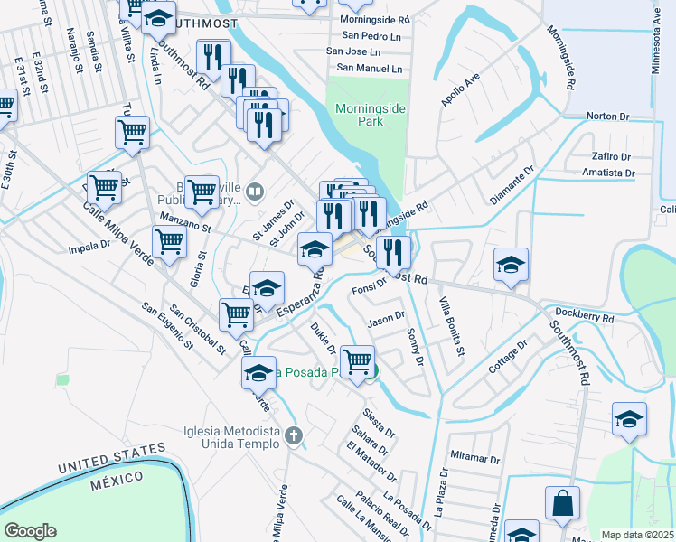 map of restaurants, bars, coffee shops, grocery stores, and more near 14 Otila Drive in Brownsville