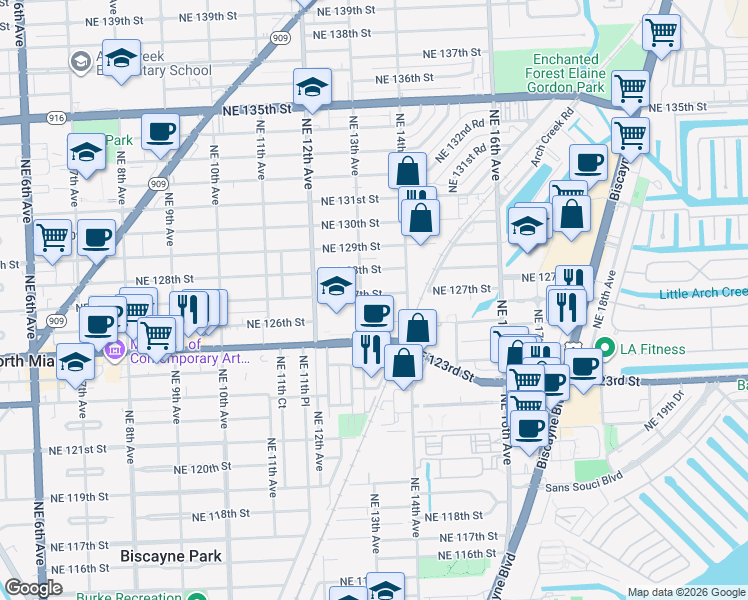 map of restaurants, bars, coffee shops, grocery stores, and more near 1315 Northeast 127th Street in North Miami