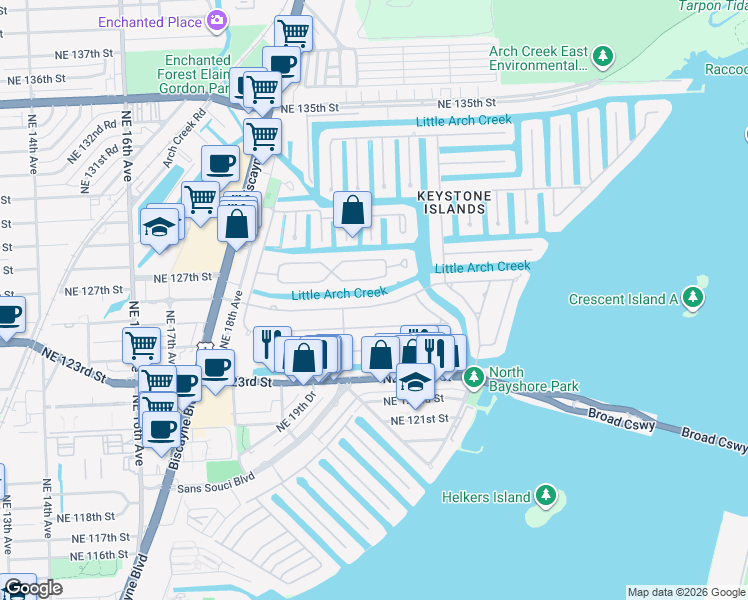 map of restaurants, bars, coffee shops, grocery stores, and more near 2080 South Hibiscus Drive in North Miami