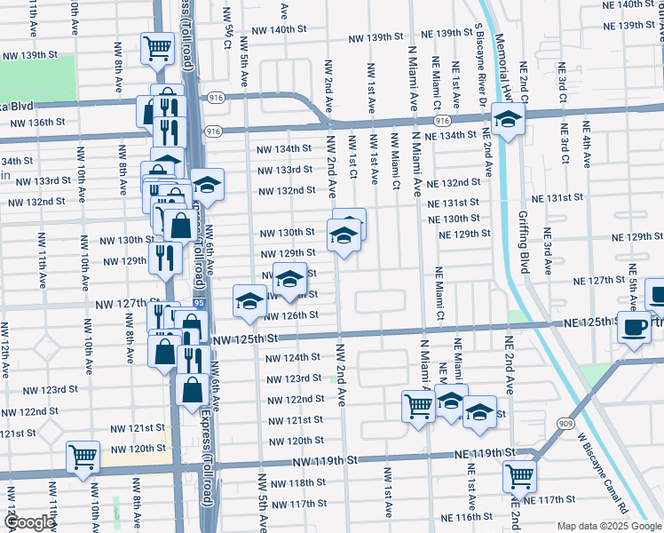 map of restaurants, bars, coffee shops, grocery stores, and more near 240 Northwest 129th Street in North Miami