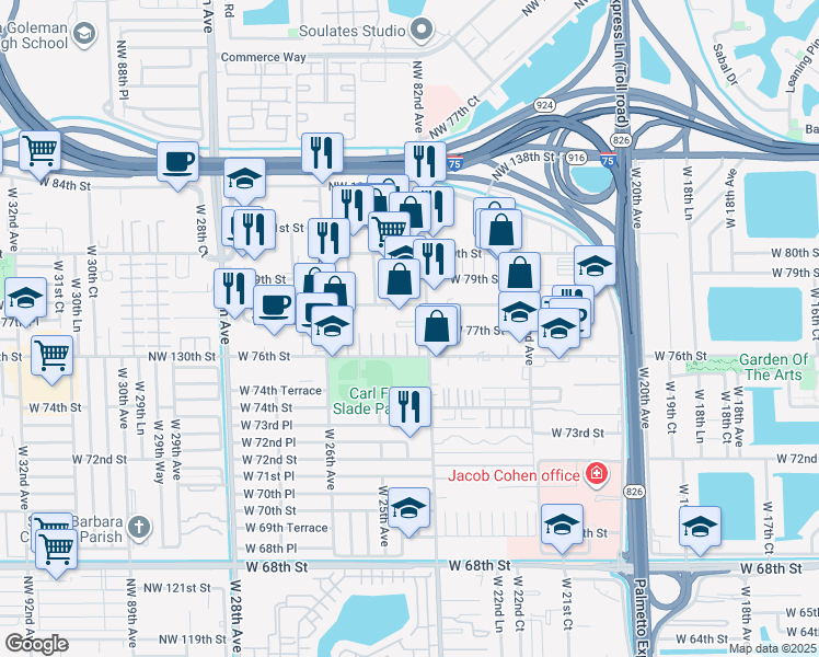 map of restaurants, bars, coffee shops, grocery stores, and more near 2416 West 78th Street in Hialeah
