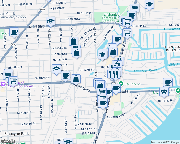 map of restaurants, bars, coffee shops, grocery stores, and more near 1545 Northeast 127th Street in North Miami