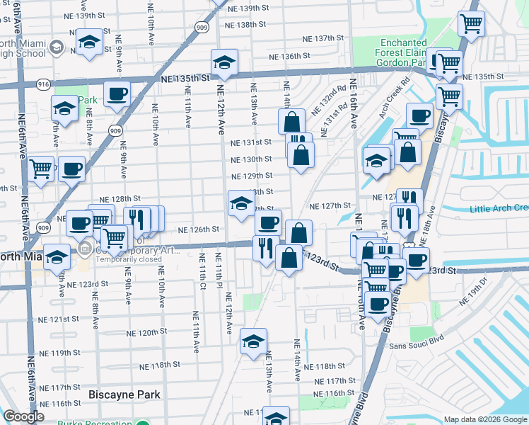 map of restaurants, bars, coffee shops, grocery stores, and more near 1315 Northeast 127th Street in North Miami