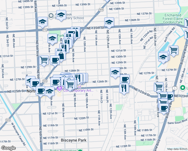 map of restaurants, bars, coffee shops, grocery stores, and more near 12760 Northeast 11th Avenue in North Miami