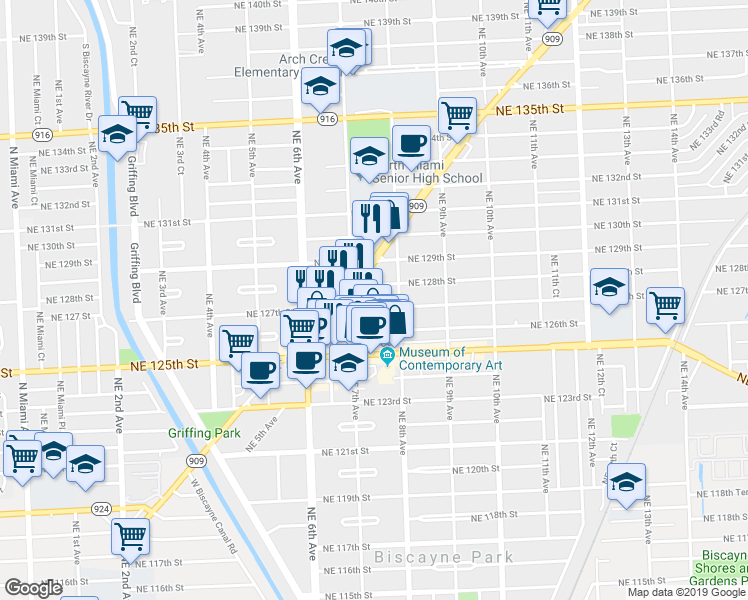 map of restaurants, bars, coffee shops, grocery stores, and more near 712 Northeast 128th Street in North Miami