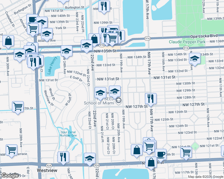 map of restaurants, bars, coffee shops, grocery stores, and more near 1931 Northwest 129th Terrace in Miami