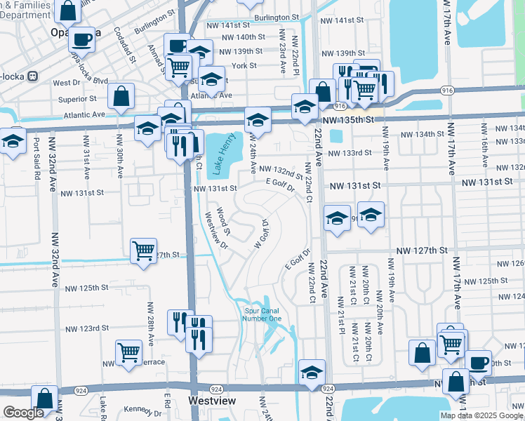 map of restaurants, bars, coffee shops, grocery stores, and more near 12601-12899 West Golf Drive in Miami