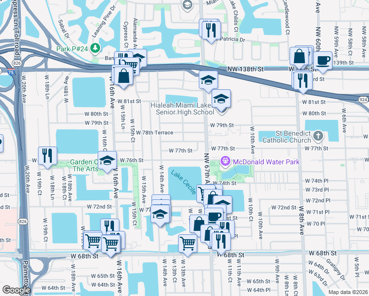 map of restaurants, bars, coffee shops, grocery stores, and more near 1306 West 78th Street in Hialeah
