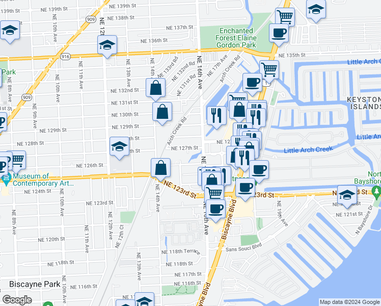 map of restaurants, bars, coffee shops, grocery stores, and more near 1545 Northeast 127th Street in North Miami