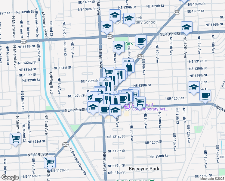 map of restaurants, bars, coffee shops, grocery stores, and more near 652 Northeast 128th Street in North Miami