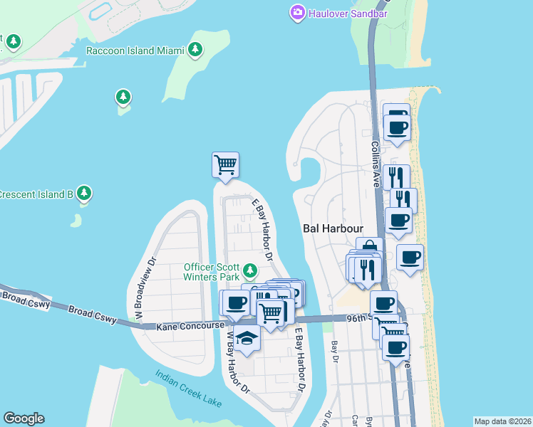 map of restaurants, bars, coffee shops, grocery stores, and more near 10261 East Bay Harbor Drive in Bay Harbor Islands