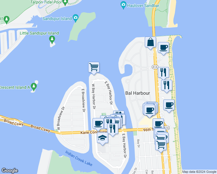 map of restaurants, bars, coffee shops, grocery stores, and more near 10261 East Bay Harbor Drive in Bay Harbor Islands