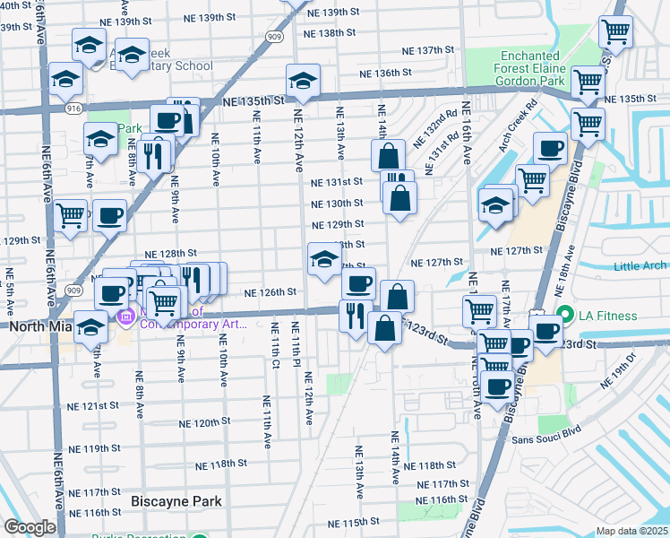map of restaurants, bars, coffee shops, grocery stores, and more near 1239 Northeast 127th Street in North Miami