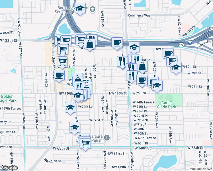 map of restaurants, bars, coffee shops, grocery stores, and more near 7777 West 29th Lane in Hialeah