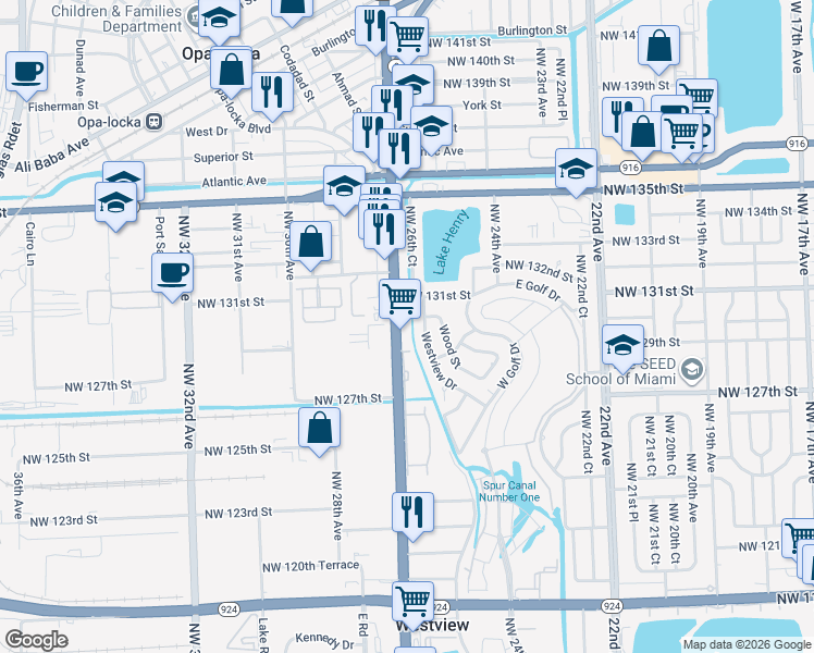 map of restaurants, bars, coffee shops, grocery stores, and more near 13020 Westview Drive in Miami