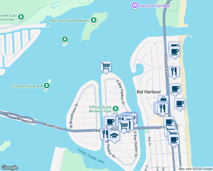 map of restaurants, bars, coffee shops, grocery stores, and more near 1170 103rd Street in Bay Harbor Islands