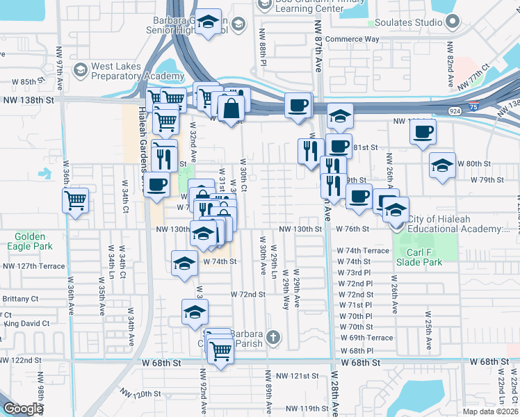 map of restaurants, bars, coffee shops, grocery stores, and more near 7755 West 30th Court in Hialeah