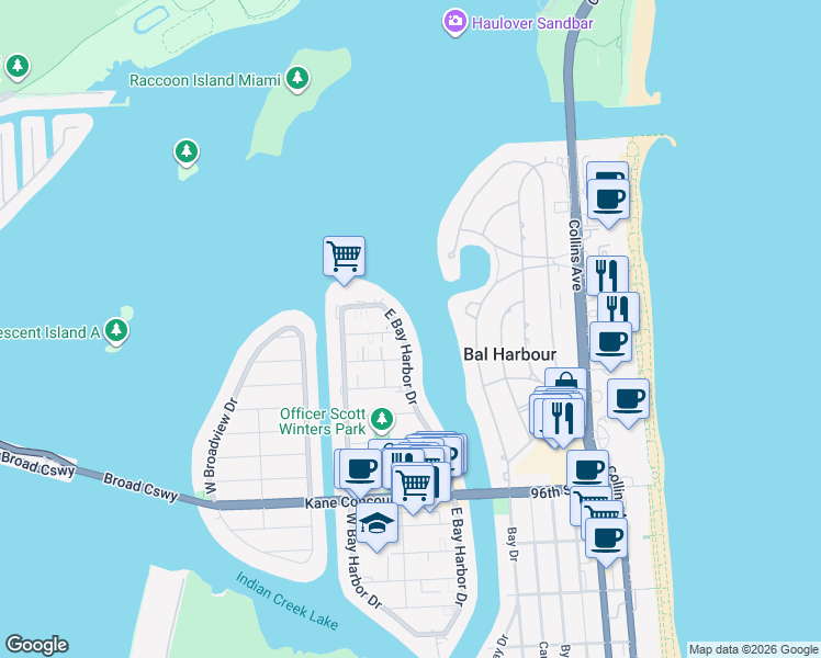 map of restaurants, bars, coffee shops, grocery stores, and more near 10261 East Bay Harbor Drive in Bay Harbor Islands