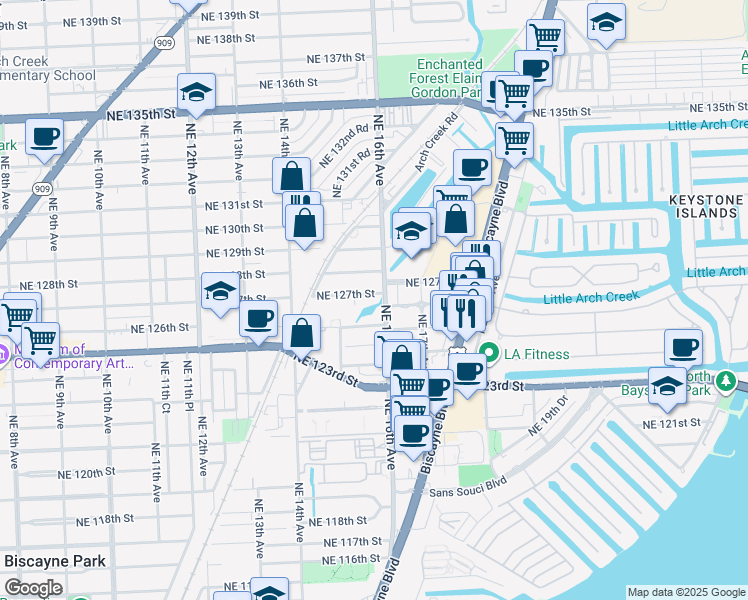 map of restaurants, bars, coffee shops, grocery stores, and more near 1545 Northeast 127th Street in North Miami