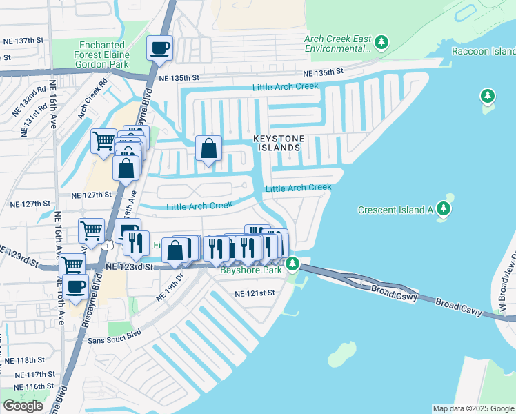 map of restaurants, bars, coffee shops, grocery stores, and more near 2135 Keystone Boulevard in North Miami