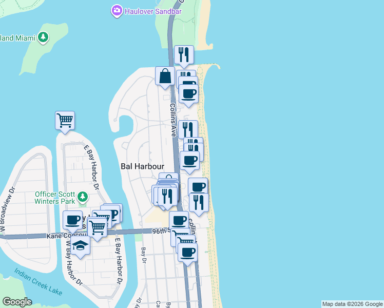 map of restaurants, bars, coffee shops, grocery stores, and more near 10155 Collins Avenue in Bal Harbour