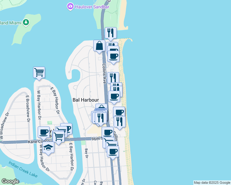 map of restaurants, bars, coffee shops, grocery stores, and more near 10155 Collins Avenue in Bal Harbour