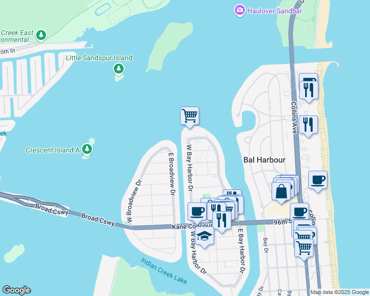 map of restaurants, bars, coffee shops, grocery stores, and more near 10321 East Broadview Drive in Bay Harbor Islands