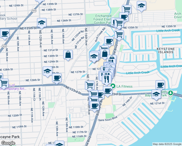 map of restaurants, bars, coffee shops, grocery stores, and more near 22 Northeast 127th Street in North Miami