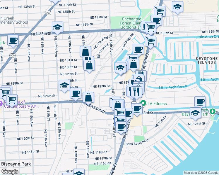 map of restaurants, bars, coffee shops, grocery stores, and more near 1545 Northeast 127th Street in North Miami