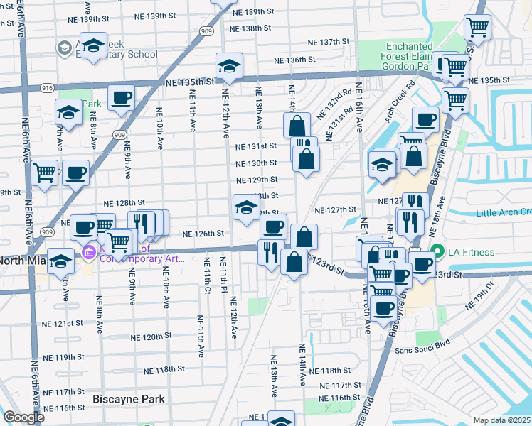 map of restaurants, bars, coffee shops, grocery stores, and more near 1315 Northeast 127th Street in North Miami