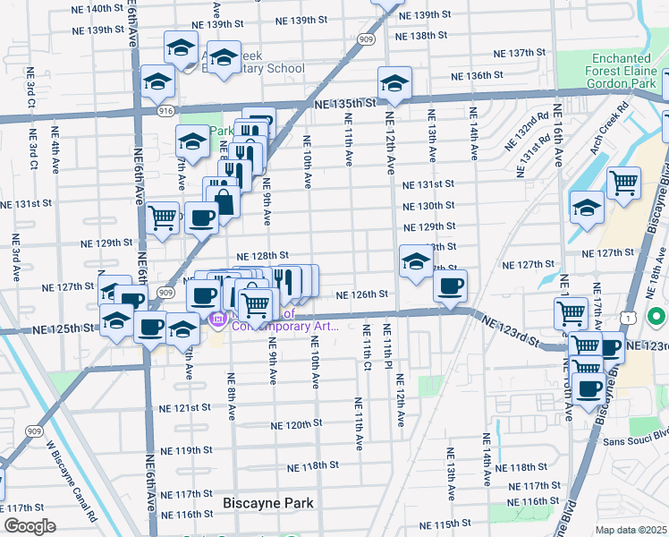 map of restaurants, bars, coffee shops, grocery stores, and more near 1010 Northeast 128th Street in North Miami