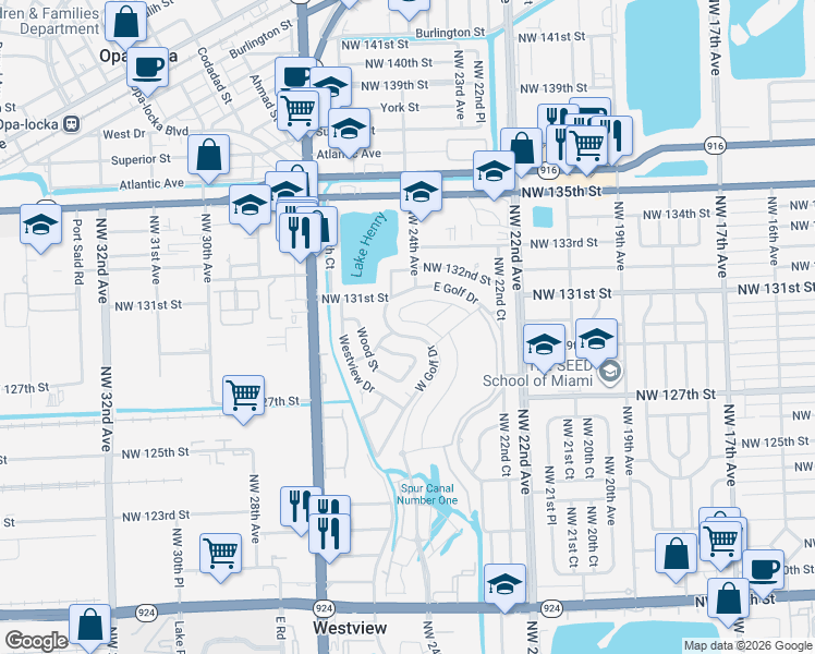 map of restaurants, bars, coffee shops, grocery stores, and more near 2445 Northwest 131st Circle in Westview
