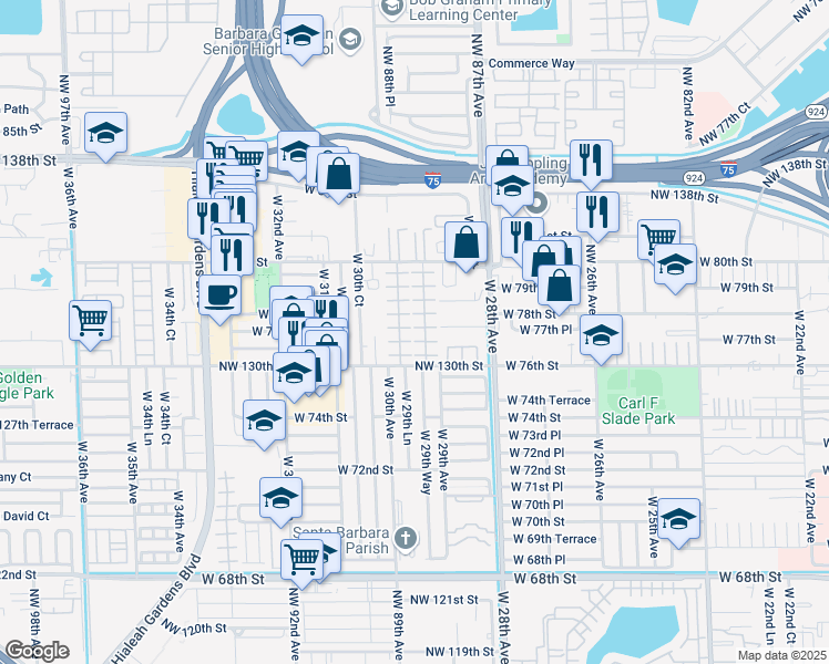 map of restaurants, bars, coffee shops, grocery stores, and more near 7772 West 29th Way in Hialeah Gardens