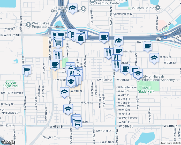 map of restaurants, bars, coffee shops, grocery stores, and more near 7755 West 30th Court in Hialeah
