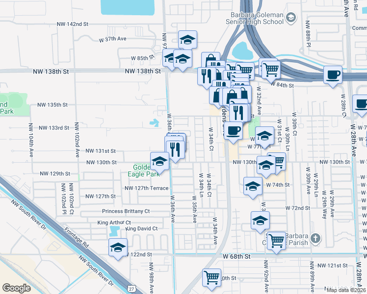 map of restaurants, bars, coffee shops, grocery stores, and more near 7757 West 97th Street in Hialeah