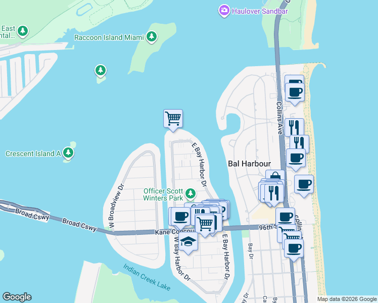 map of restaurants, bars, coffee shops, grocery stores, and more near 10261 East Bay Harbor Drive in Bay Harbor Islands