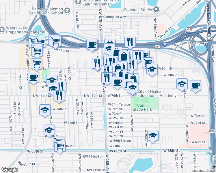 map of restaurants, bars, coffee shops, grocery stores, and more near 7751 West 28th Avenue in Hialeah