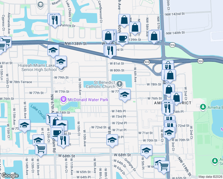 map of restaurants, bars, coffee shops, grocery stores, and more near 7725 West 8th Avenue in Hialeah