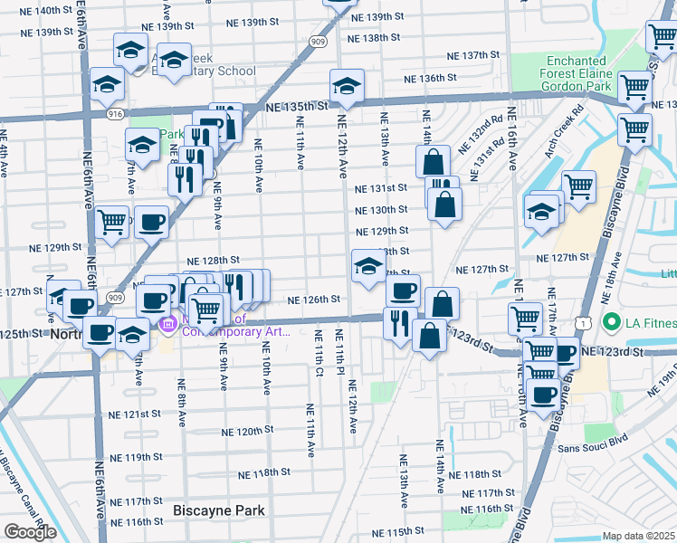 map of restaurants, bars, coffee shops, grocery stores, and more near 1185 Northeast 127th Street in North Miami