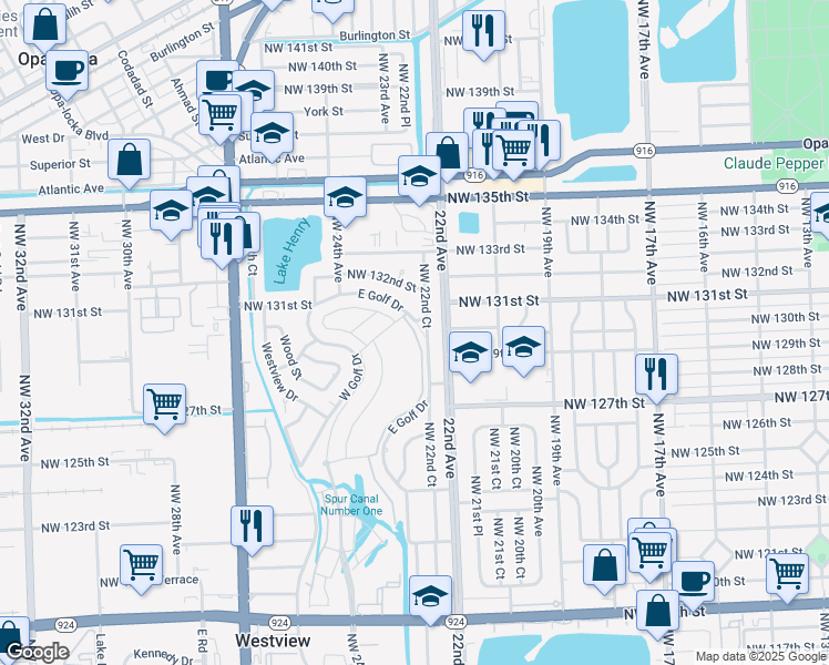 map of restaurants, bars, coffee shops, grocery stores, and more near 13030 Northwest 22nd Court in Miami