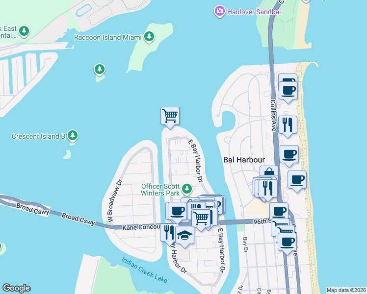 map of restaurants, bars, coffee shops, grocery stores, and more near 1170 103rd Street in Bay Harbor Islands